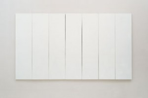 white painting divided into seven panels by thin lines