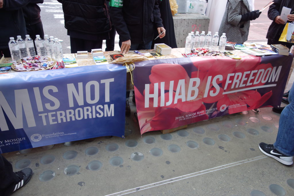 Photo of NYC information booth re: Islam and Muslims
