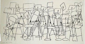 lithograph of empty folding chairs and music stands