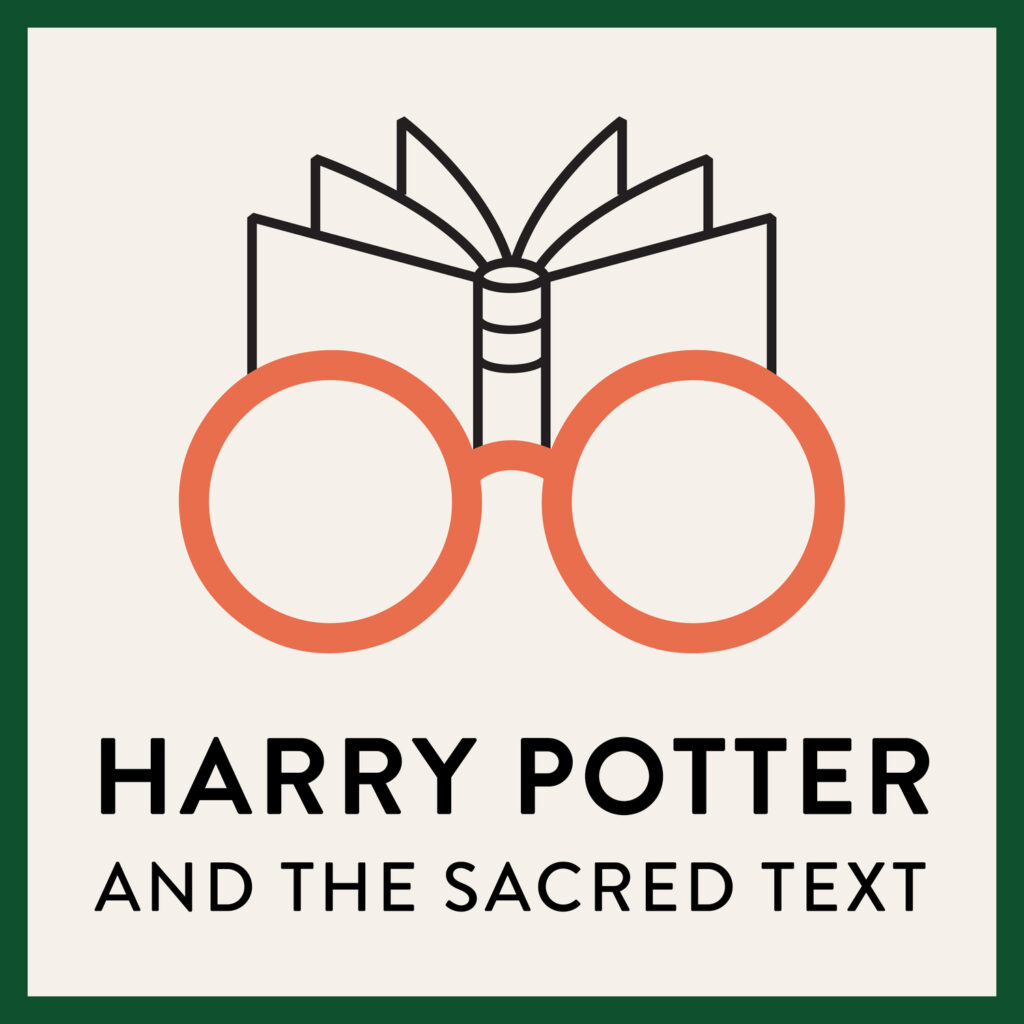 Logo for Harry Potter and the Sacred Text: Glasses, outline of a book, and the podcast name