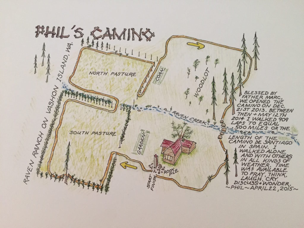 Colored-pencil sketch of bird's eye view of Phil's Camino